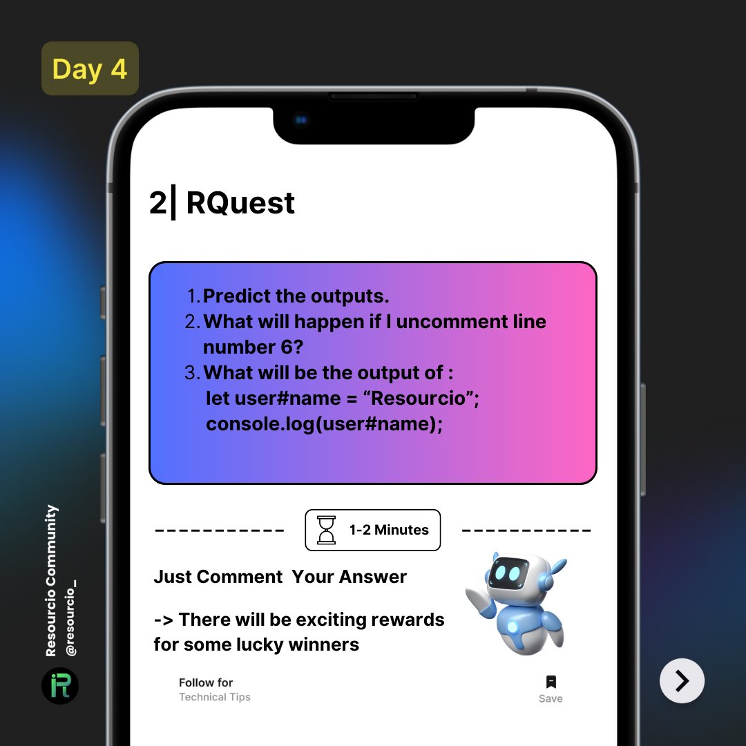 resourcio_'s tweet photo. ๐ฏ #RQuest - Answer todayโs RQuest correctly and youโll be walking away with some exclusive #Resourcio swags. Donโt miss your shot! ๐
๐ Whatโs next? Drop your answers below and stay tuned for the next day of #ResSnips.
Letโs keep pushing boundaries one day at a time๐ฉโ๐ป๐จโ๐ป https://t.co/6XEyrLgd3A