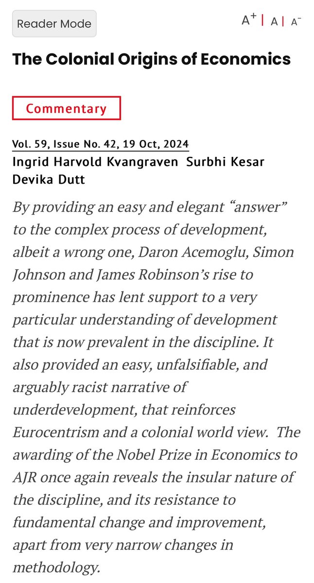 Here’s why <a href="/ingridharvold/">Ingrid H. Kvangraven</a>, <a href="/SurbhiKesar/">Surbhi Kesar</a>, and I think AJR’s ‘Nobel’ winning framework on how institutions are formed and affect prosperity is Eurocentric, ahistorical, and wrong epw.in/journal/2024/4…