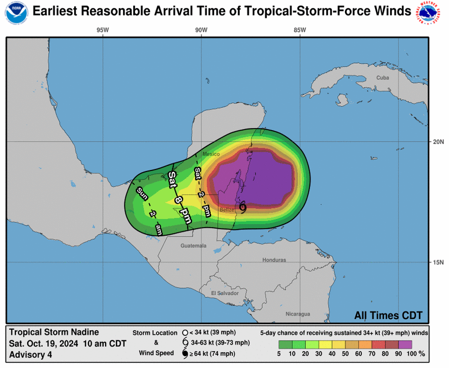 50mph #Tropicalstormnadine to peak now and soon landfall in C #Belize ...