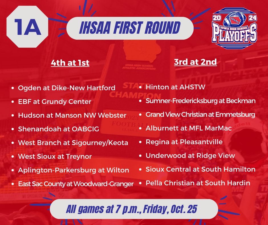 IHSAA's tweet photo. First round playoff matchups are in for 2A, 1A, A, and 8P #iahsfb! 
📅7 p.m., Friday, Oct. 25
🎟️On sale Oct. 22: https://t.co/UAdVbDNqpj
🏈https://t.co/dTu0lf7gxG https://t.co/kMlDYUVcoR