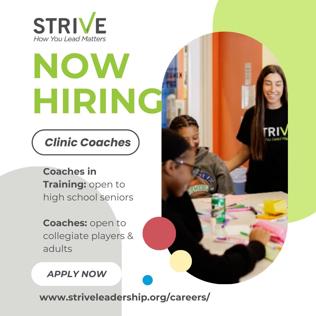 📢 Now hiring: Employment opportunities for high school seniors, collegiate players and adults! We are currently seeking Coaches and Coaches-in-Training for Strive Clinic. Apply now: hubs.ly/Q02T--xf0