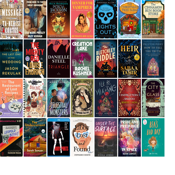 EWMLibrary's tweet photo. This week the Easthampton Public Library has 59 new books and one new movie.  New items include The Message, From Here to the Great Unknown, Percy Jackson and the Olympians, Dinner for Vampires, Lights Out, and The Christmas Tree Farm. https://t.co/TJO8m02MAq https://t.co/A93UgFDdAW