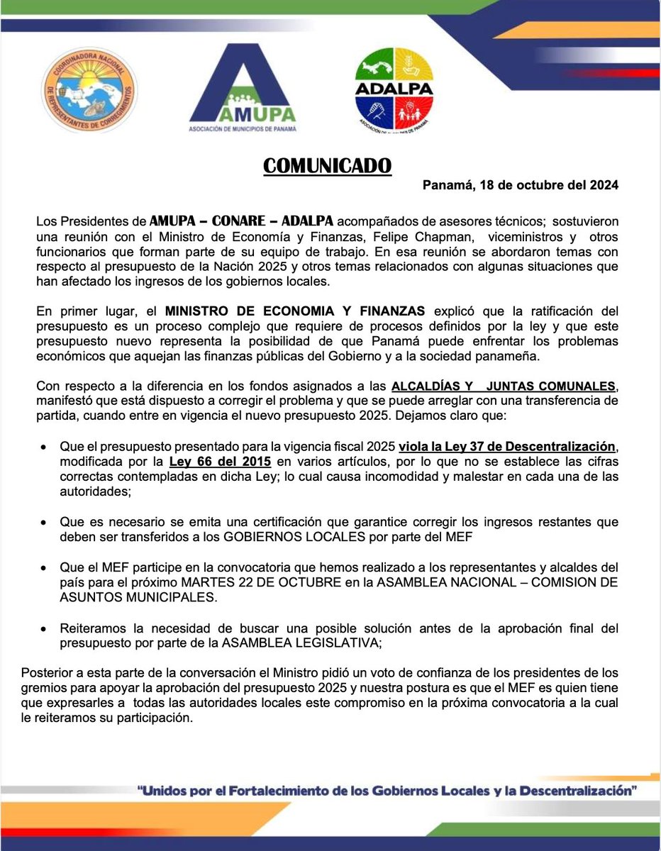 BlandonJose's tweet photo. Para los gobiernos locales del país, el ingreso principal dedicado a inversión proviene del impuesto de inmueble que recauda el Gobierno central y por mandato de la Ley 37 del 2009 (reformada en el 2015), distribuye entre todos los Municipios con base a una norma de reparto solidario.  Lo que se recauda el año anterior es lo que se reparte al año siguiente.  Preocupa que el @Mef_Pma y @presidenciapma estén actuando como si esa Ley no existiera.