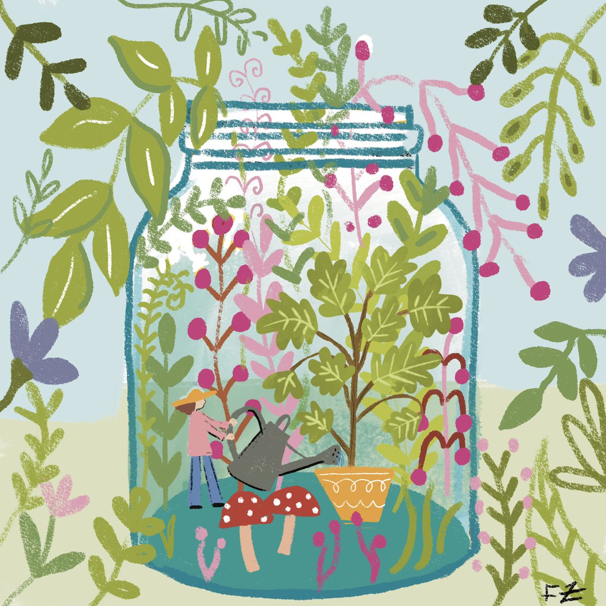Todays prompt with @theydrawandgarden is TERRARIUM 
Can you spot the tiny woman with the massive watering can? 
.
.
.
#illustration #illustrationartists #illustrationart #editorialillustration #drawtober #drawtober2024 #botanicalillustration #theydrawandgarden