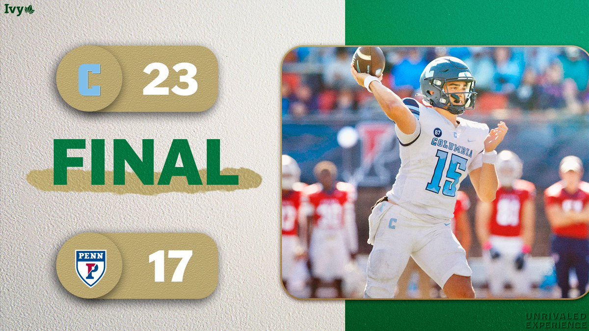 Ivy League (@ivyleague) on Twitter photo BIG ROAD WIN FOR THE LIONS.
<a href="/CULionsFB/">Columbia Football</a> defeated Penn at Franklin Field for the first time since 1996 to improve to 2-0 in Ivy play and 4-1 overall. Chase Goodwin threw for 334 yards and 2 TDs. πΏπ BIG ROAD WIN FOR THE LIONS.
<a href="/CULionsFB/">Columbia Football</a> defeated Penn at Franklin Field for the first time since 1996 to improve to 2-0 in Ivy play and 4-1 overall. Chase Goodwin threw for 334 yards and 2 TDs. πΏπ