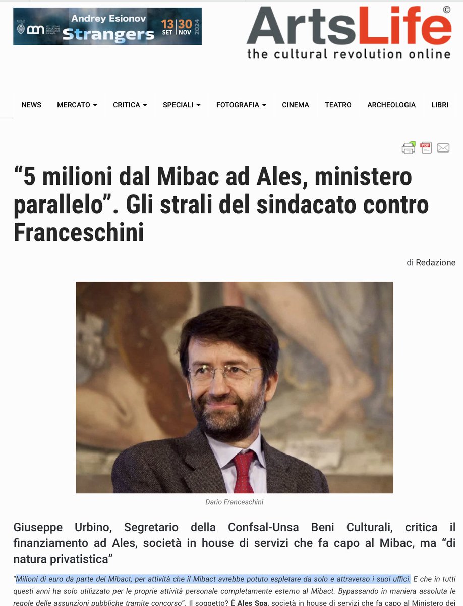 ItalianPolitics's tweet photo. Nei giorni scorsi tutti son saltati addosso al #Giuli colpevole di riciclare astruserie di Evola &amp; Co. Eppure, nessun giornalista si è sognato di far domande a Franceschini sullo scandalo degli interessi allo 0% sui depositi dei conti di ALES da parte del MontePaschi. #MiBACT https://t.co/9yDKh0RQRc