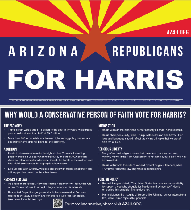 AZ_Reps_Believe's tweet photo. We have 30,000 of these flyers being mailed to #AZ voters, and we have volunteers going to door to door as well. Want to help us out? Go to our website https://t.co/fJMyl3ay4u to sign up to get details about how you can get out the vote for #RepublicansForHarris https://t.co/vTiDpXIby1