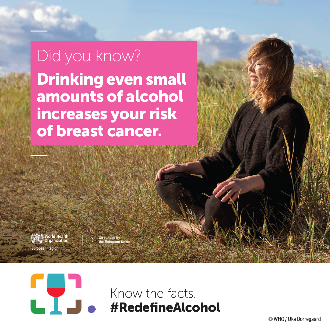 Breast cancer is the most common type of cancer caused by alcohol among women. 🎗️

In the EU, over 30% of alcohol-attributable breast cancer cases occurred in women who drank two glasses of wine a day or less. 🍷

Did you know? 💭

#RedefineAlcohol #BreastCancerAwarenessMonth