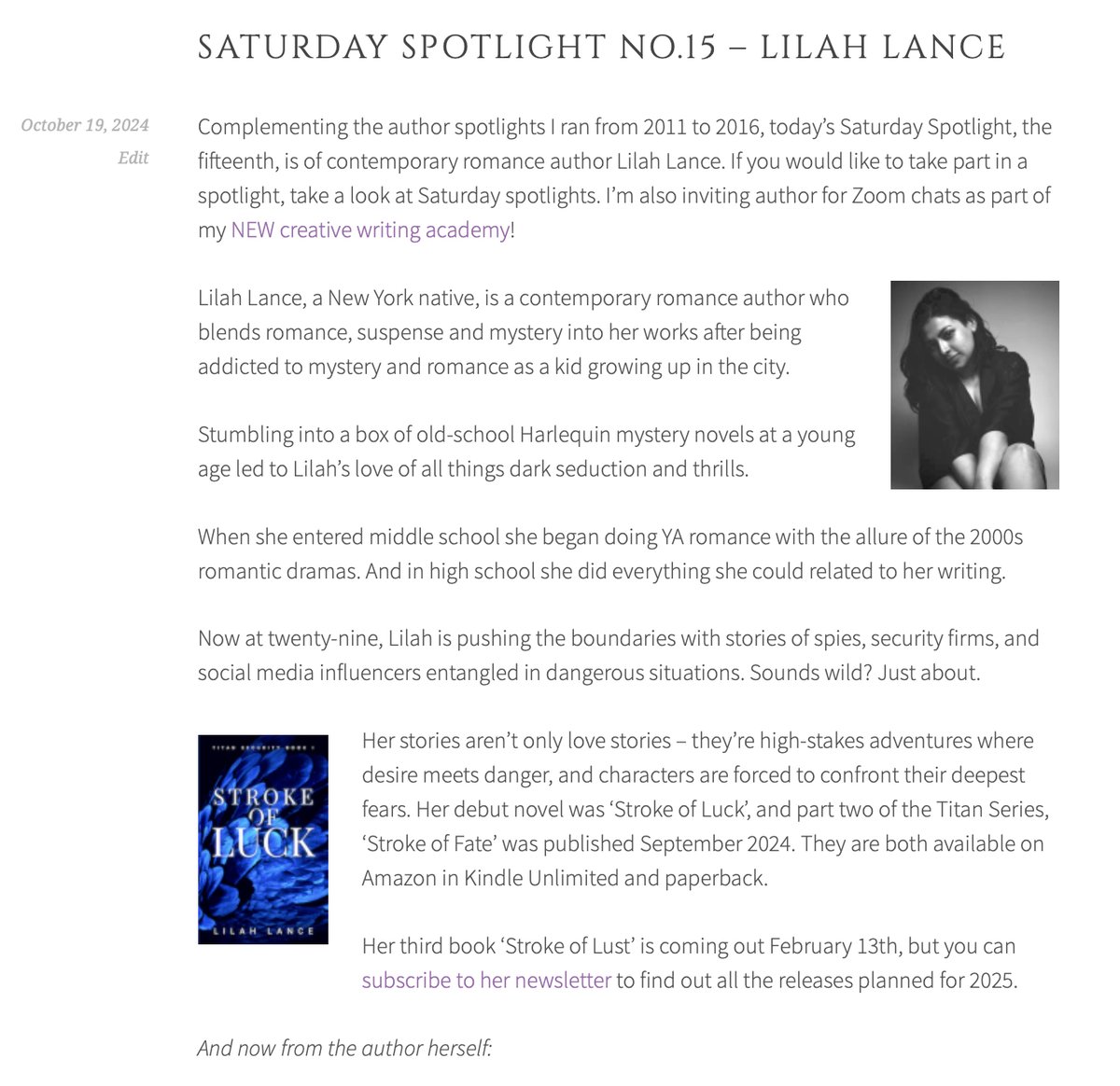 The latest 'Saturday Spotlight' went live today, of contemporary romance author Lilah Lance: morgenbailey.wordpress.com/2024/10/19/sat…
#authorinterview #romanceauthor #LilahLance #writerinterview #writinginterview #NewYork