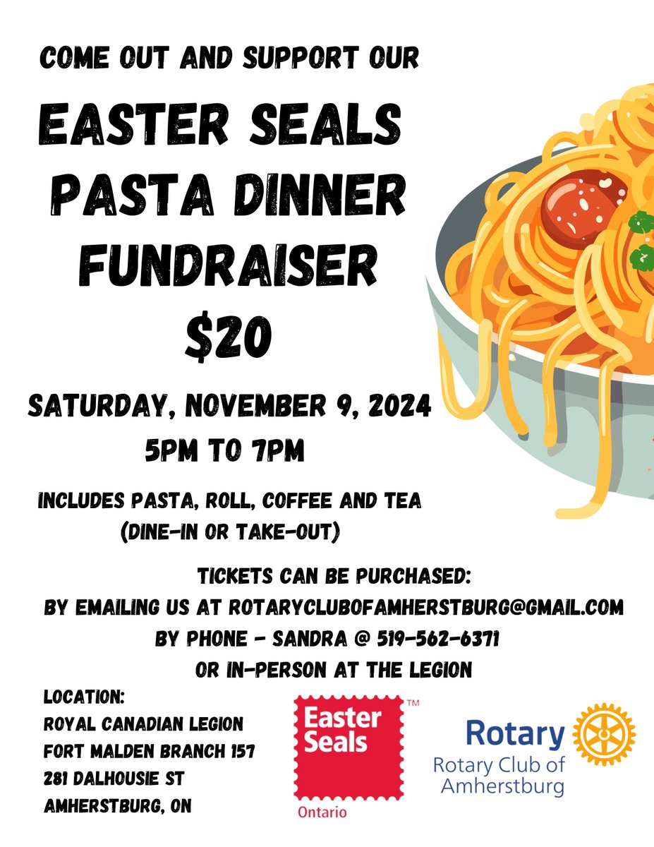 EASTER SEALS DINNER - Rotary Club of #Amherstburg hosting pasta dinner Nov. 9 (5-7 p.m.) at Royal Canadian Legion Br. 157. Proceeds benefit Easter Seals. Dine-in/take-out. Tickets $20. To purchase, e-mail rotaryclubofamherstburg@gmail.com, call 519-562-6371 or buy at the Legion.