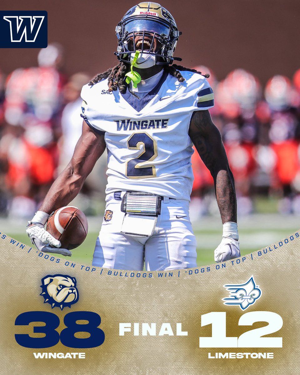 Wingate Bulldogs (@wu_bulldogs) on Twitter photo BULLDOGS WIN!!!!!
<a href="/WingateFb/">Wingate Bulldogs Football</a> jumps out to a 31-0 lead en route to a big-time 38-12 SAC road dub at Limestone!
Bentley threw for 147 yards & 3 TDs; McCray caught 2 of those touchdowns - Barnett had 101 rushing yards and a TD!
#OneDog BULLDOGS WIN!!!!!
<a href="/WingateFb/">Wingate Bulldogs Football</a> jumps out to a 31-0 lead en route to a big-time 38-12 SAC road dub at Limestone!
Bentley threw for 147 yards & 3 TDs; McCray caught 2 of those touchdowns - Barnett had 101 rushing yards and a TD!
#OneDog