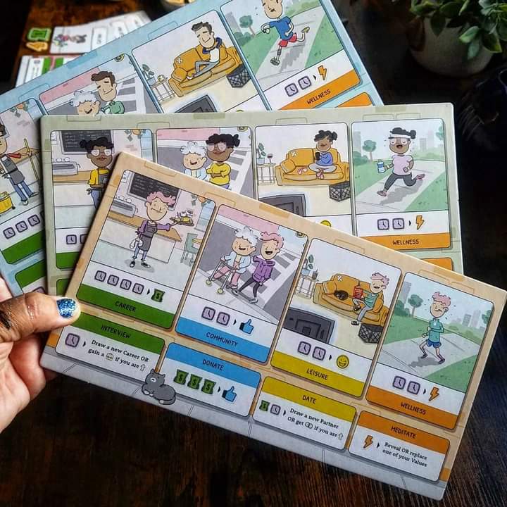 Finally got to play Adulthood by <a href="/bwisegames/">Brotherwise Games</a> ✨ What a wonderful and clever game! You create your own life by making choices in a such a fun way, and the artwork by Tim Brierly is superb and had me in stitches 🤣🤣 highly recommended!

#adulthood #brotherwisegames #boardgamegeek
