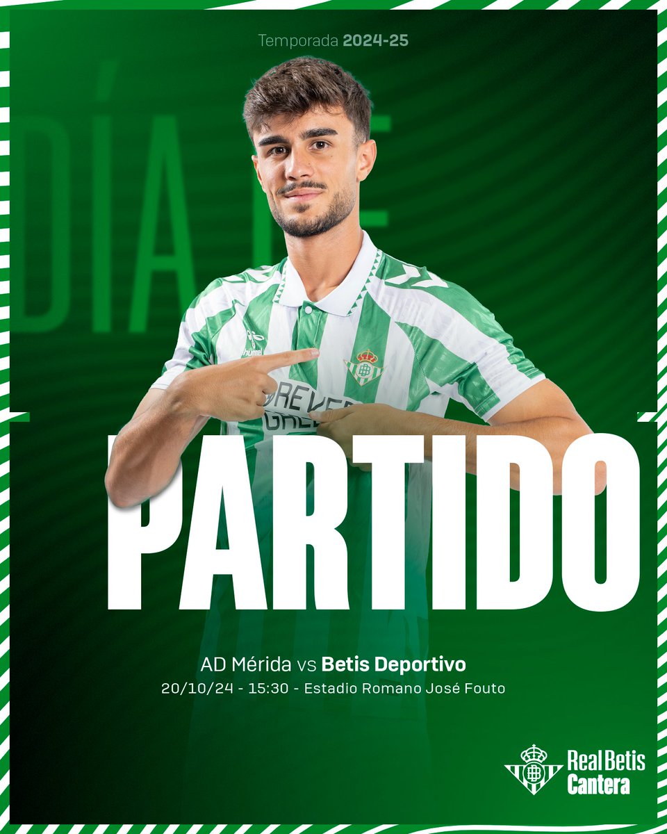 RBetisCantera's tweet image. ¡Hoy es #DíadeBetisDeportivo! 😃💚

🆚 @Merida_AD 
🏟 Estadio Romano José Fouto
⌚ 15:30 horas
📺 @RTVBetis 
 
#CanteraBetis