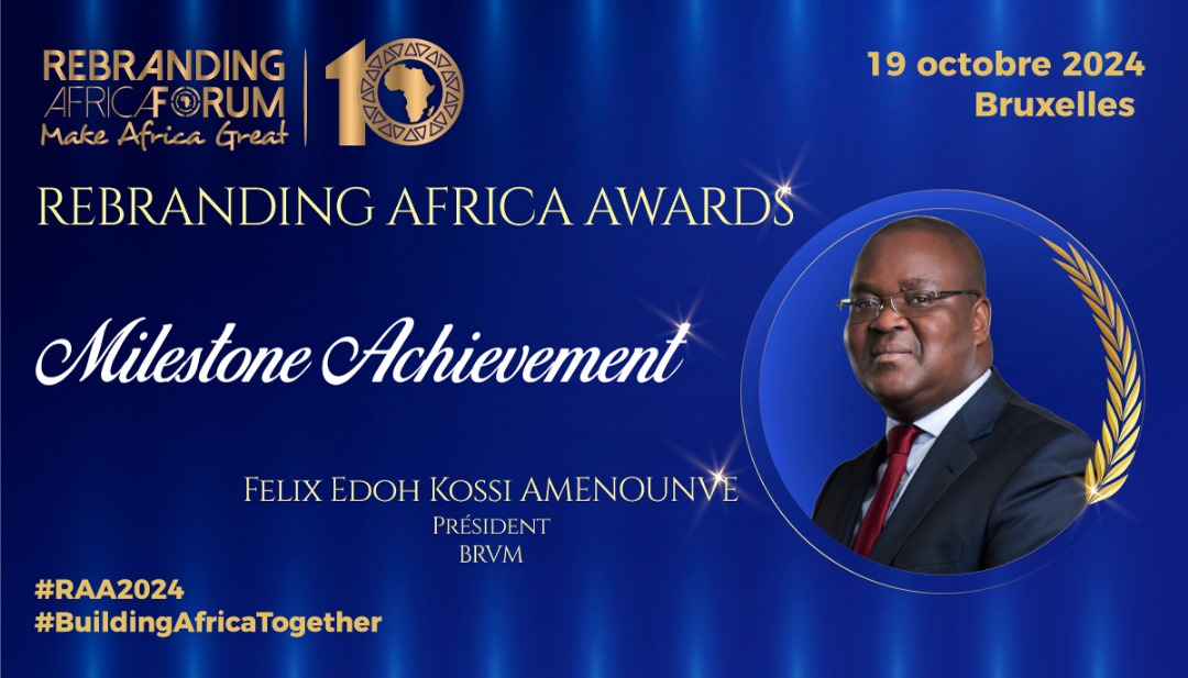 RebrandingAF's tweet photo. #RAA2024 🏆 Milestone Achievement Award 🏆
🔶 Edoh Kossi Amenounve, DG @BRVM_UEMOA
Pour son rôle essentiel dans les réformes du marché financier de l’Uemoa et son leadership exceptionnel à la tête de la BRVM.
#RAA10ANS #RAF10ANS #MakeAfricaGreat https://t.co/PXOX1ozjfP