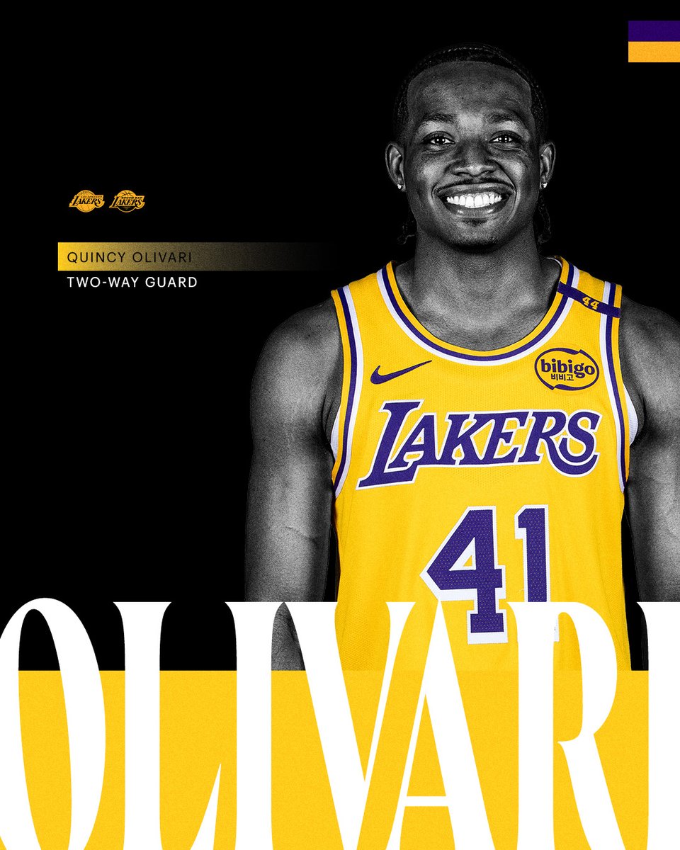 Lakers's tweet photo. OFFICIAL: The Lakers have converted Quincy Olivari to a two-way contract https://t.co/eYqwlh3imK