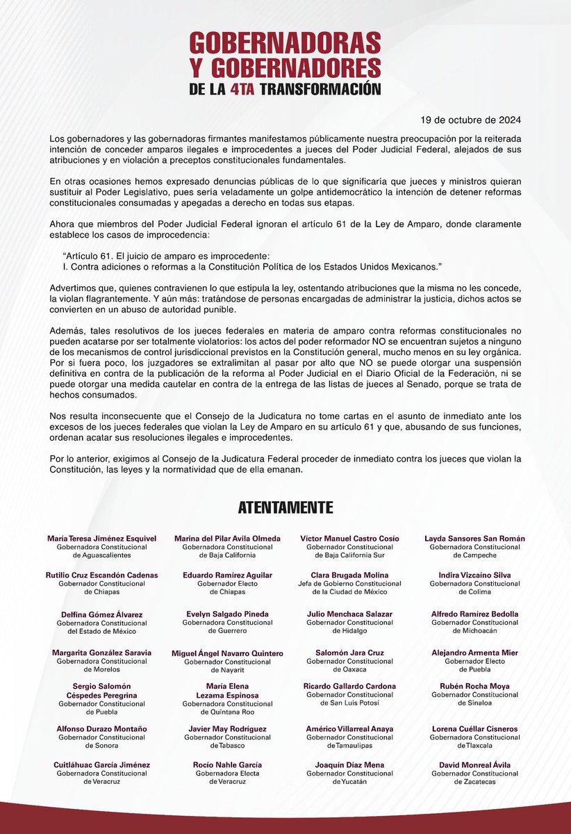 “Las y los Gobernadores firmantes manifiestamos públicamente nuestra preocupación por la reiterada intención de conceder amparos ilegales e improcedentes a jueces del Poder Judicial Federal, alejados de sus atribuciones y en violación a preceptos constitucionales fundamentales”