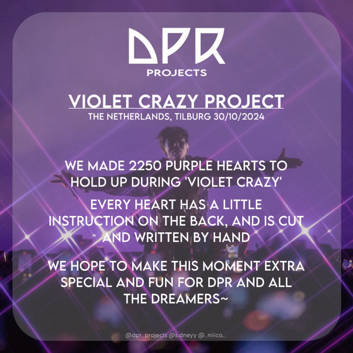 dpr_projects's tweet photo. Violet Crazy project in Tilburg!! Only a few days left! Are you as excited as we are?🥹
For more updates follow our Instagram 💜

#dpr #dprian #dreamperfectregime #thedreamreborntour2024 #thedreamreborntour #dprintilburg #violetcrazy @DPRIAN_ https://t.co/tRIvMXef2s