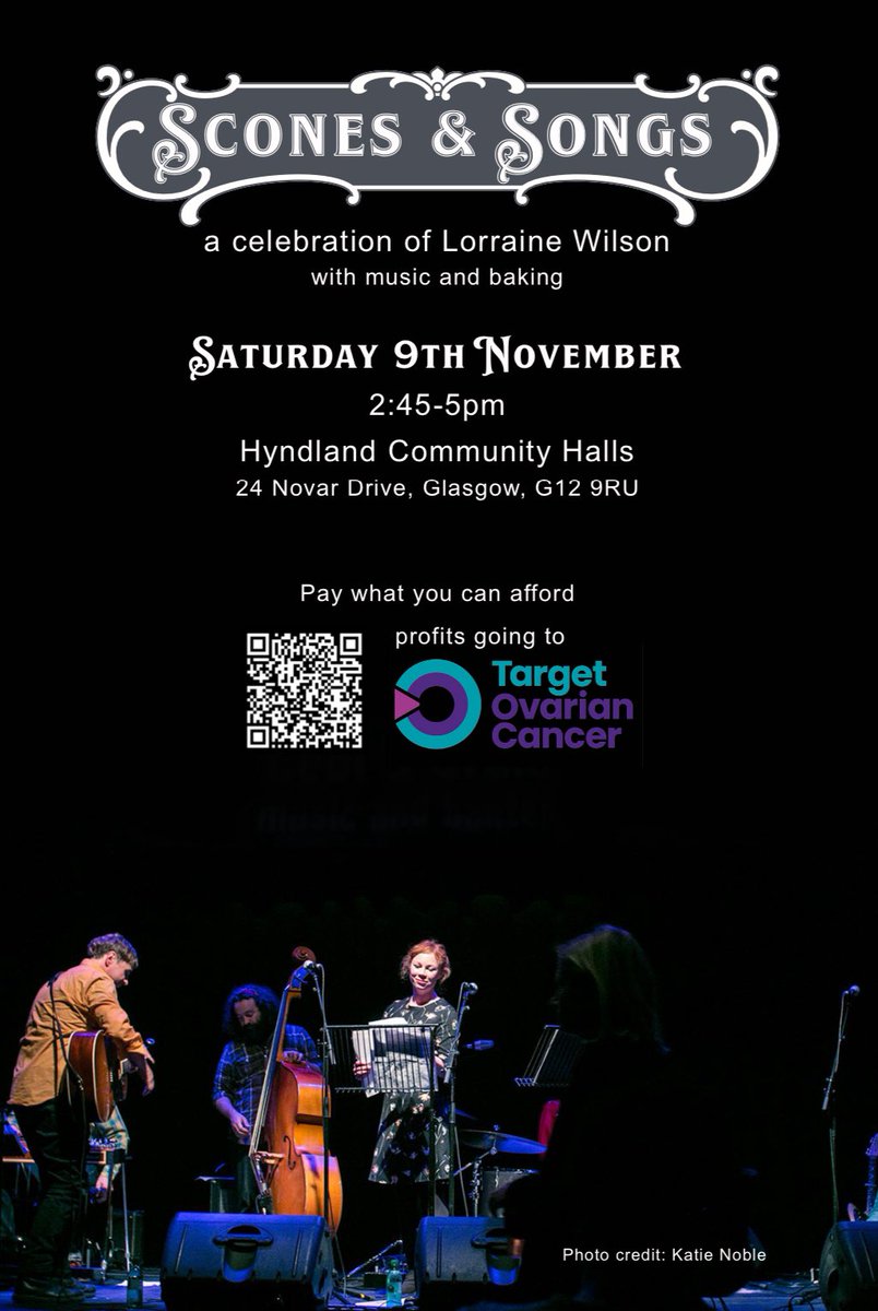 My sister’s tribute ♥️ raising funds for <a href="/TargetOvarian/">Target Ovarian Cancer</a> will feature Stevie Jackson Belle &amp; Sebastian🎵 Tenement and Temple, Sister John, Jamie Houston, Warren McIntyre, The Parsonage and more! Delicious home baking too 🍰