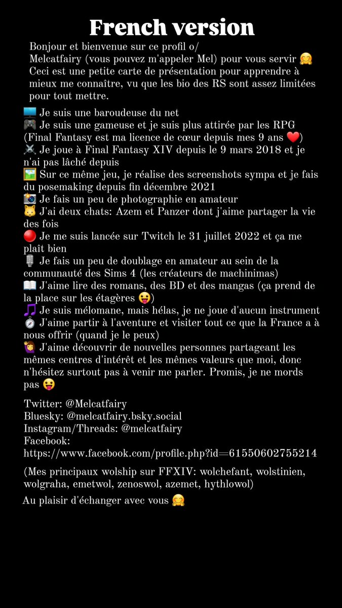 Melcatfairy's tweet photo. FR: Petite carte de présentation plus complète pour mieux me connaître et qui restera épinglé en permanence 😉 En espérant que ce soit lisible o/

EN: Little complete introducing card to know me better. It'll remain permanently pinned 😉 Hope it'll be readable o/ https://t.co/oip7nK4Ux0