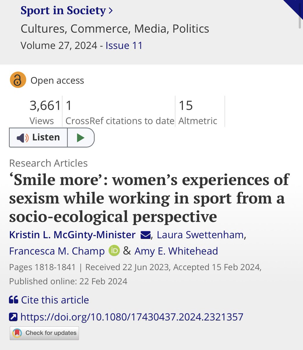 Dr. Kristin McGinty-Minister (@km_sportpsych) on Twitter photo So happy to see that our paper is the most read this year in <a href="/SportInSocietyJ/">Sport in Society</a>!
It’s been amazing to hear everyone’s feedback/stories & has motivated me to continue this work despite the challenges 😊
Thanks to everyone who has read it, & to the amazing team (tagged in pic) So happy to see that our paper is the most read this year in <a href="/SportInSocietyJ/">Sport in Society</a>!
It’s been amazing to hear everyone’s feedback/stories & has motivated me to continue this work despite the challenges 😊
Thanks to everyone who has read it, & to the amazing team (tagged in pic)