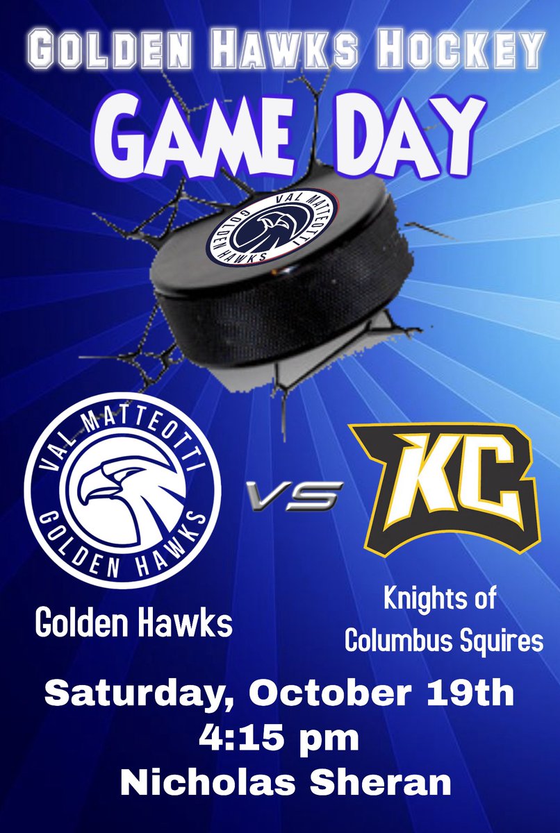 📢Golden Hawks home game today!!
Vs. <a href="/KCAAASquires/">KC U15 Squires AAA Hockey Team</a> 
📍Nicholas Sheran Arena
⌚️4:15pm
📺 <a href="/flosports/">FloSports</a> 
Come cheer on your <a href="/ValHawks/">Val Matteotti AAA Golden Hawks</a> 
#letsgohawks