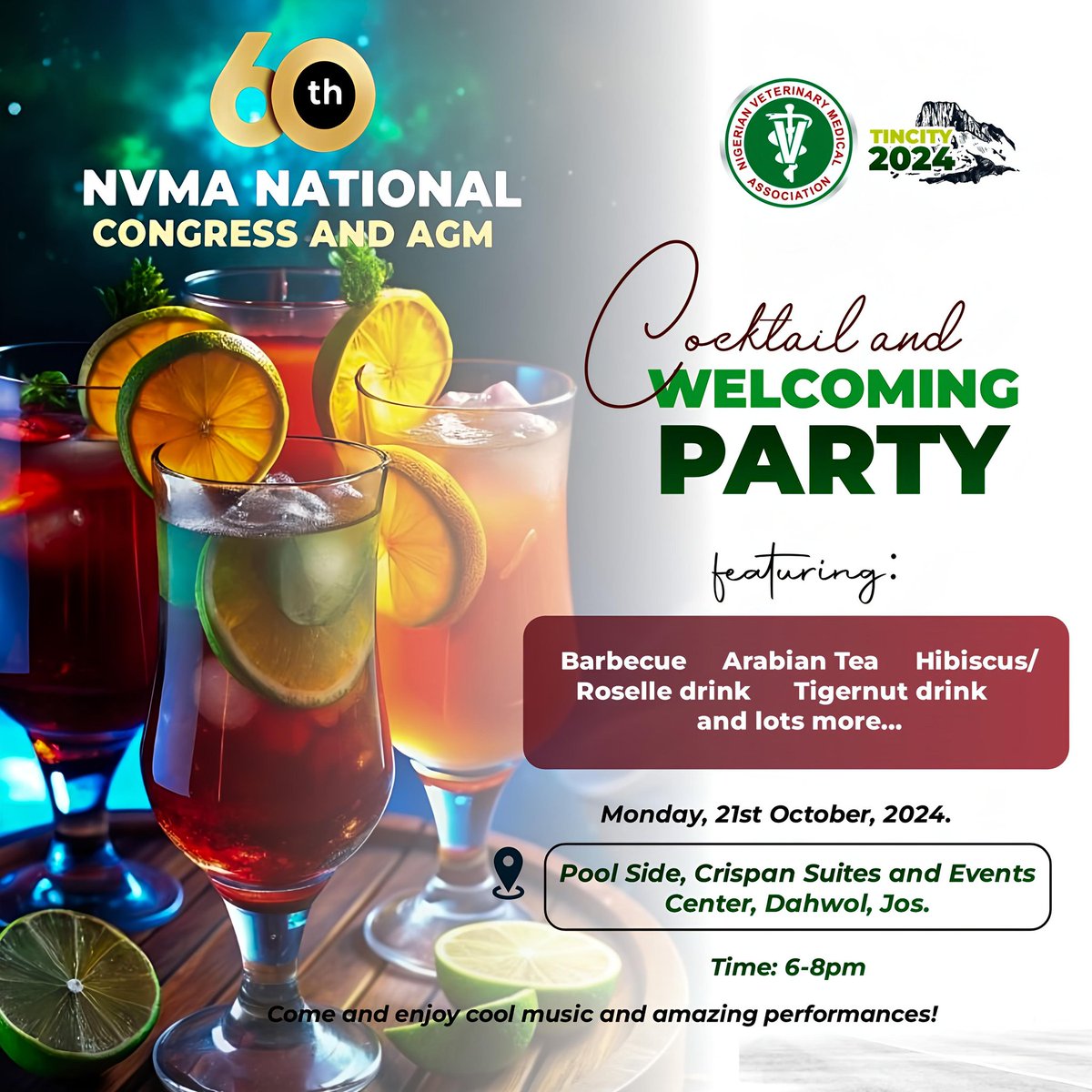 NigerianVets's tweet photo. TIN CITY 2024 COCKTAIL/WELCOME PARTY*💃🏾💃🏾💃🏾🥳🥳🥳🥳
Date: Day 1, Monday 21st October, 2024
Venue: Crispan suites and Event centre pool side
Time:6-8pm
Featuring:
👉🏾Barbecue
👉🏾Grilled Quails
👉🏾Arabian Tea
👉🏾Hibiscus/Roselle drink
👉🏾Tiger nut drink
👉🏾And lots more...... https://t.co/aETzlpCvTO