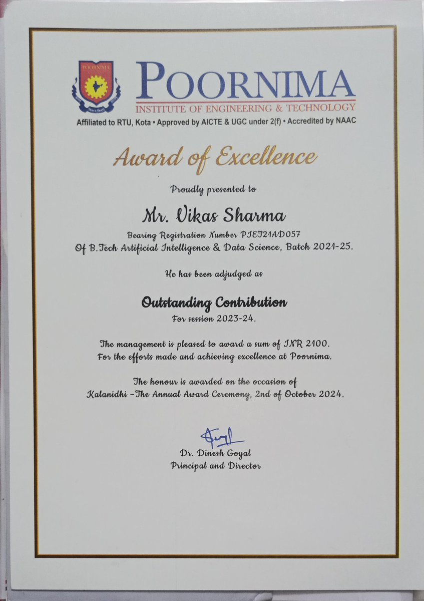 hitechvikas05's tweet photo. Thrilled to share that I received the Award of Excellence for Outstanding Contribution at Kalanidhi 2024! Huge thanks to @PIET_Jaipur for the honor! 🚀 Excited to continue my journey in AI &amp; Data Science! 
#ExcellenceInAction #AI #Kalanidhi2024 https://t.co/BeFfpj1mNv