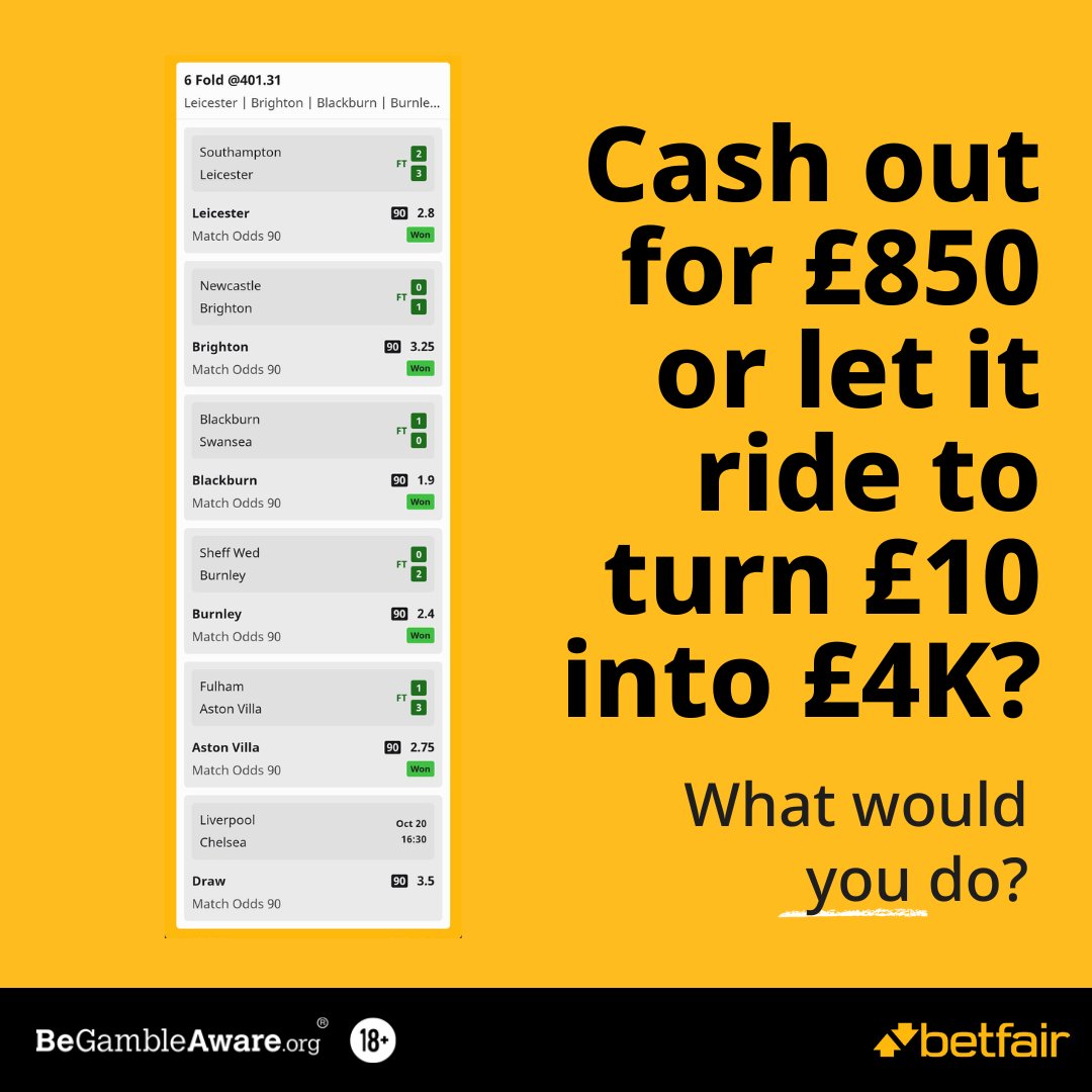 Betfair's tweet image. Betfair punter @AwStallion needs a draw between Liverpool and Chelsea to turn £10 into £4K.

Or should he cash out now for £850?