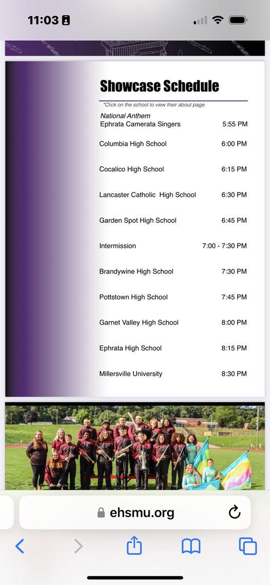 Today 2024 Ephrata showcase of bands 
See this link for the program and schedule 
<a href="/EHSMU/">Ephrata Marching</a> <a href="/GoMounts/">Ephrata Area SD</a> <a href="/GoEHSMounts/">EPHRATA HS</a> <a href="/EIMSMounts/">EIMS Mounts</a> 

ehsmu.org/wp-content/upl…