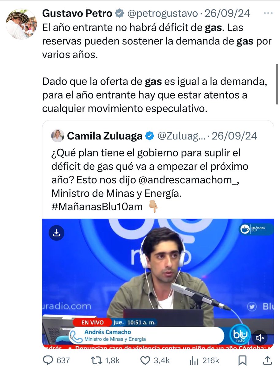 jrestrp's tweet photo. Vamos entendiendo entonces que el déficit no era para el año entrante sino para este ?? 

La escasez en economía se genera cuando la demanda es superior a la oferta. Cuando eso sucede se necesita declarar racionamientos, así sean temporales. 

Por eso es urgente corregir la política pública y regulatoria y acelerar los proyectos en marcha, no vaya y sea que la escasez se prolongue para los próximos años.