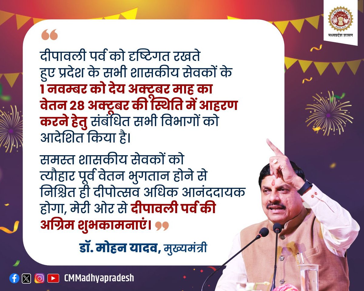 मुख्यमंत्री डॉ.मोहन यादव ने #दीपावली पर्व को दृष्टिगत रखते हुए प्रदेश के सभी शासकीय सेवकों के 1 नवम्बर को देय अक्टूबर माह का वेतन 28 अक्टूबर की स्थिति में आहरण करने हेतु संबंधित सभी विभागों को आदेश दिए हैं।

<a href="/DrMohanYadav51/">Dr Mohan Yadav</a> #CMMadhyaPradesh <a href="/mpfinancedep/">Finance Department, MP</a> #MadhyPradesh