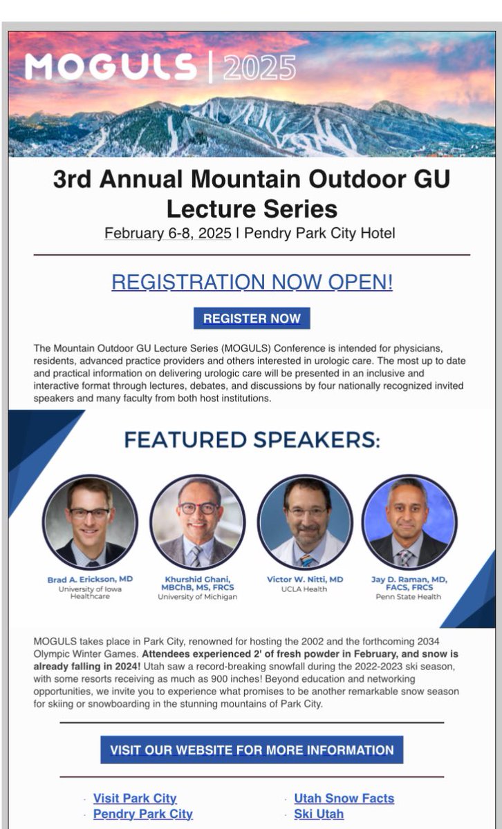 Bogdana Schmidt MD, MPH (@bogdanaschmidt) on Twitter photo Registration is now open for #MOGULS2025
Snow is already falling in Utah - come experience the best snow on earth!
na.eventscloud.com/ehome/moguls/r…
<a href="/UtahUrology/">University of Utah Urology</a> <a href="/Intermountain/">Intermountain Health</a> Registration is now open for #MOGULS2025
Snow is already falling in Utah - come experience the best snow on earth!
na.eventscloud.com/ehome/moguls/r…
<a href="/UtahUrology/">University of Utah Urology</a> <a href="/Intermountain/">Intermountain Health</a>