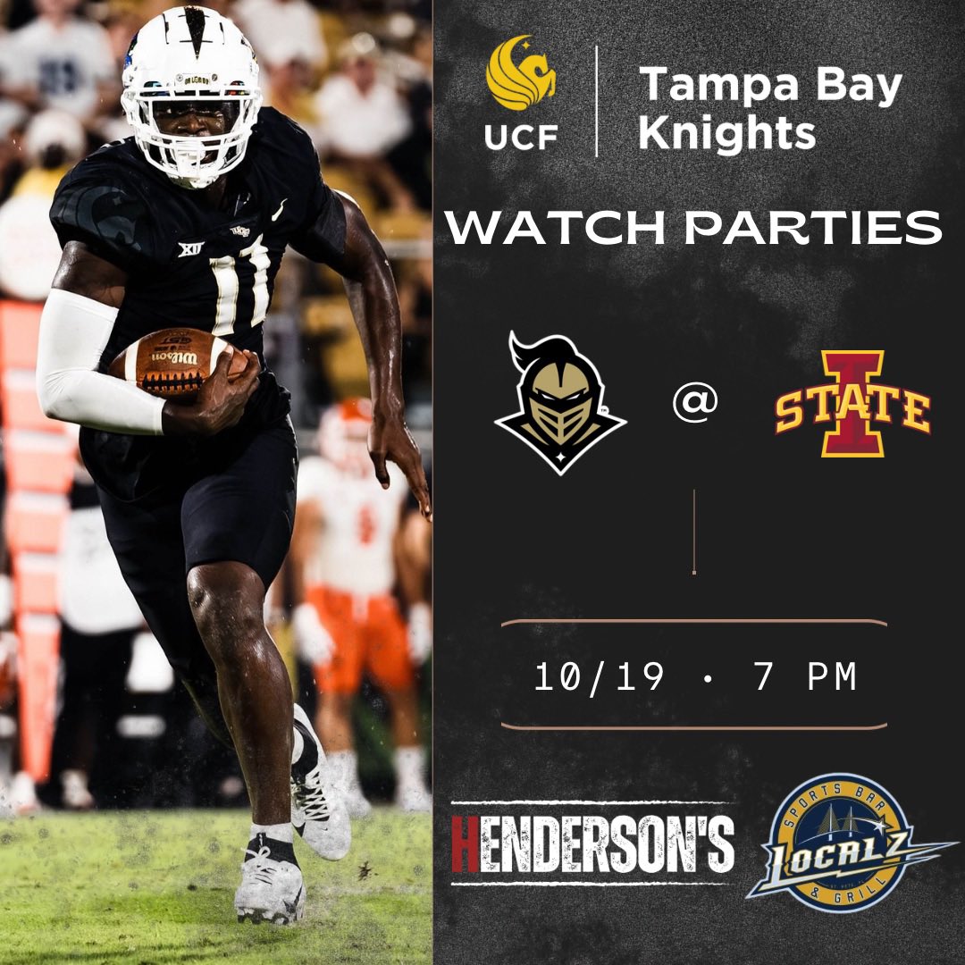 It’s GAMEDAY! Join us at one of our watch party locations - Henderson’s Tampa &amp; Localz St Pete 🏈 everyone who checks in is entered to win premium UCF swag! Plus if you ordered a shirt - don’t forget to pick it up ⚡️🔛