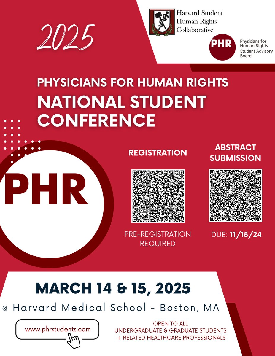 We are thrilled to announce that we are opening registration &amp; abstract submissions for our 2025 national student conference, taking place March 14-15, 2025! Please see our site (link in bio) for more details and award opportunities. 
<a href="/P4HR/">Physicians for Human Rights</a>