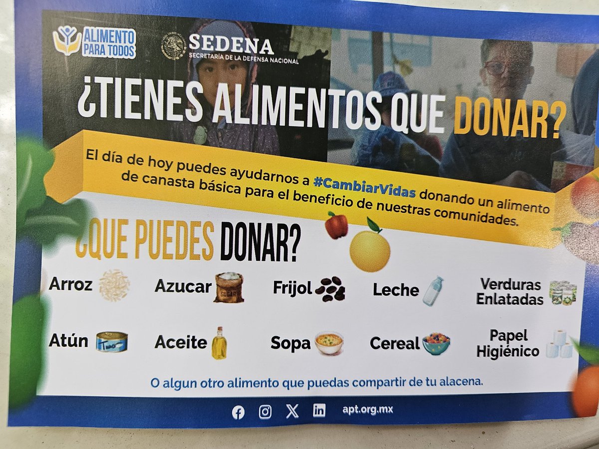 Campaña de donación de alimentos. Alentador signo de colaboración de #OSC y gobiernos para atender  población necesitada <a href="/APT_mx/">Alimento Para Todos</a> <a href="/SEDENAmx/">AltoMando</a>