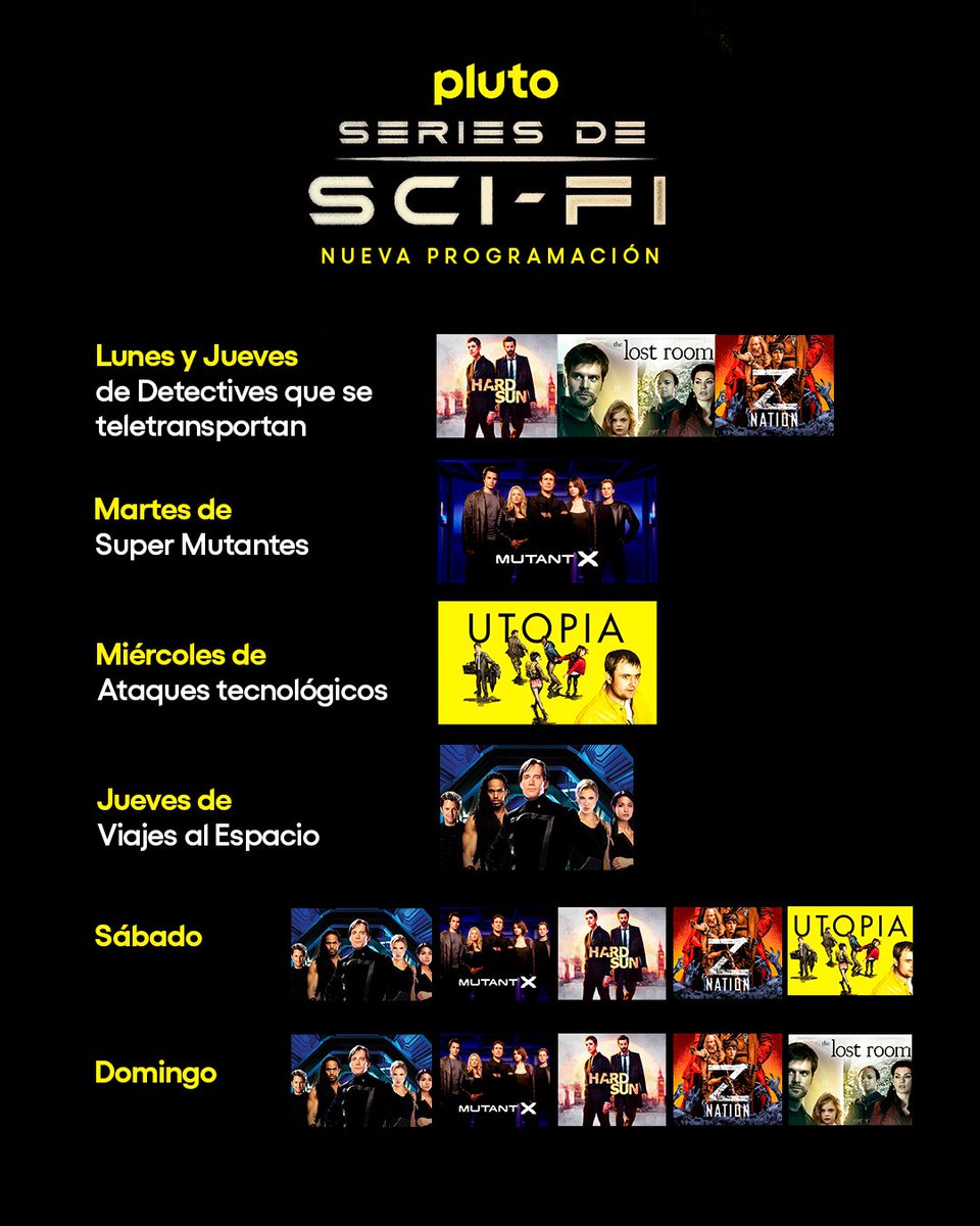 PlutoTVMX's tweet photo. Si eres fan de los viajes en el tiempo, superhéroes, zombies y mucho más, entonces no puedes perderte la nueva programación del canal Pluto TV series de Sci-Fi 👽👾.

#MutanX #ZNation #HardSun https://t.co/qUSithHNR1