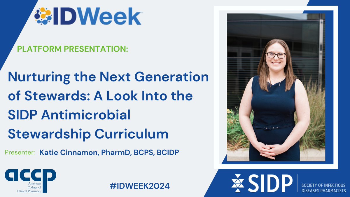 SIDP (@sidpharm) on Twitter photo Congrats to our #SIDP2024 platform presenters at @IDWeekMtg!
Proud of Dr. <a href="/KatieCinnamon/">Katie Cinnamon</a> for repping us so well in her talk, Nurturing the Next Generation of Stewards: A Look Into the SIDP Antimicrobial Stewardship Curriculum. Learn more here: buff.ly/40i2gbw #IDWeek2024 Congrats to our #SIDP2024 platform presenters at @IDWeekMtg!
Proud of Dr. <a href="/KatieCinnamon/">Katie Cinnamon</a> for repping us so well in her talk, Nurturing the Next Generation of Stewards: A Look Into the SIDP Antimicrobial Stewardship Curriculum. Learn more here: buff.ly/40i2gbw #IDWeek2024