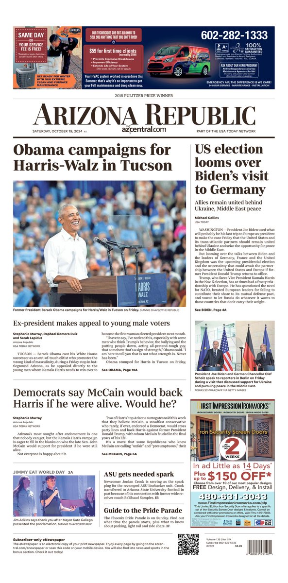 Dan Nowicki (@dannowicki) on Twitter photo On the front page of Saturday's Arizona Republic: "Obama campaigns for Harris-Walz in Tucson" by <a href="/stephanie_murr/">Stephanie Murray</a>, <a href="/raphaeldelag/">rapha</a> and <a href="/lapidus_sarah/">Sarah Lapidus</a>. Also Stephanie on the late <a href="/SenJohnMcCain/">John McCain</a> and the 2024 election. On the front page of Saturday's Arizona Republic: "Obama campaigns for Harris-Walz in Tucson" by <a href="/stephanie_murr/">Stephanie Murray</a>, <a href="/raphaeldelag/">rapha</a> and <a href="/lapidus_sarah/">Sarah Lapidus</a>. Also Stephanie on the late <a href="/SenJohnMcCain/">John McCain</a> and the 2024 election.