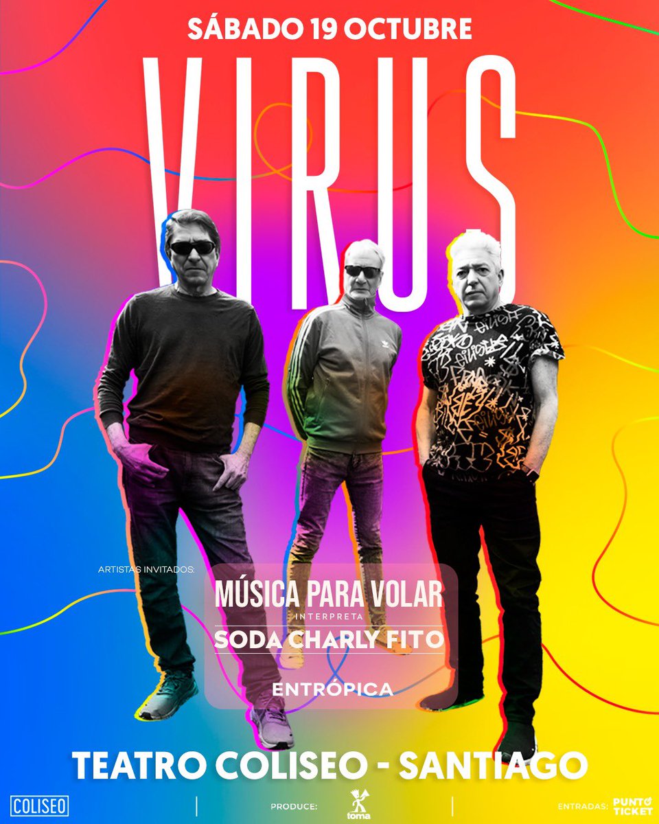 tomaprocl's tweet photo. HOY SÁBADO SI QUE CELEBRAMOS 💣💥🔥🎉

Te esperamos hoy sábado 19 en Teatro Coliseo para celebrar junto a Virus, y los invitados:

Musica para Volar @mpvolar 

🇨🇱 @entropica_music 

Últimas entradas disponibles en @puntoticket https://t.co/YTYXVu9L0D