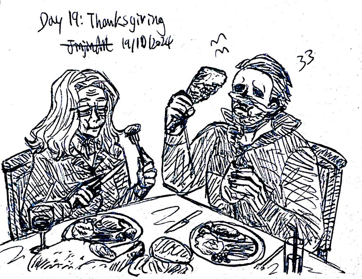 art_jinjin's tweet photo. Day 19: Thanksgiving.

They are thankful for each other.

#Mylaurietober2024 #October2024 #OctoberDraw #halloween #MichaelMyers #LaurieStrode #マイロリ #마이로리 #mylaurie https://t.co/T46f09blro