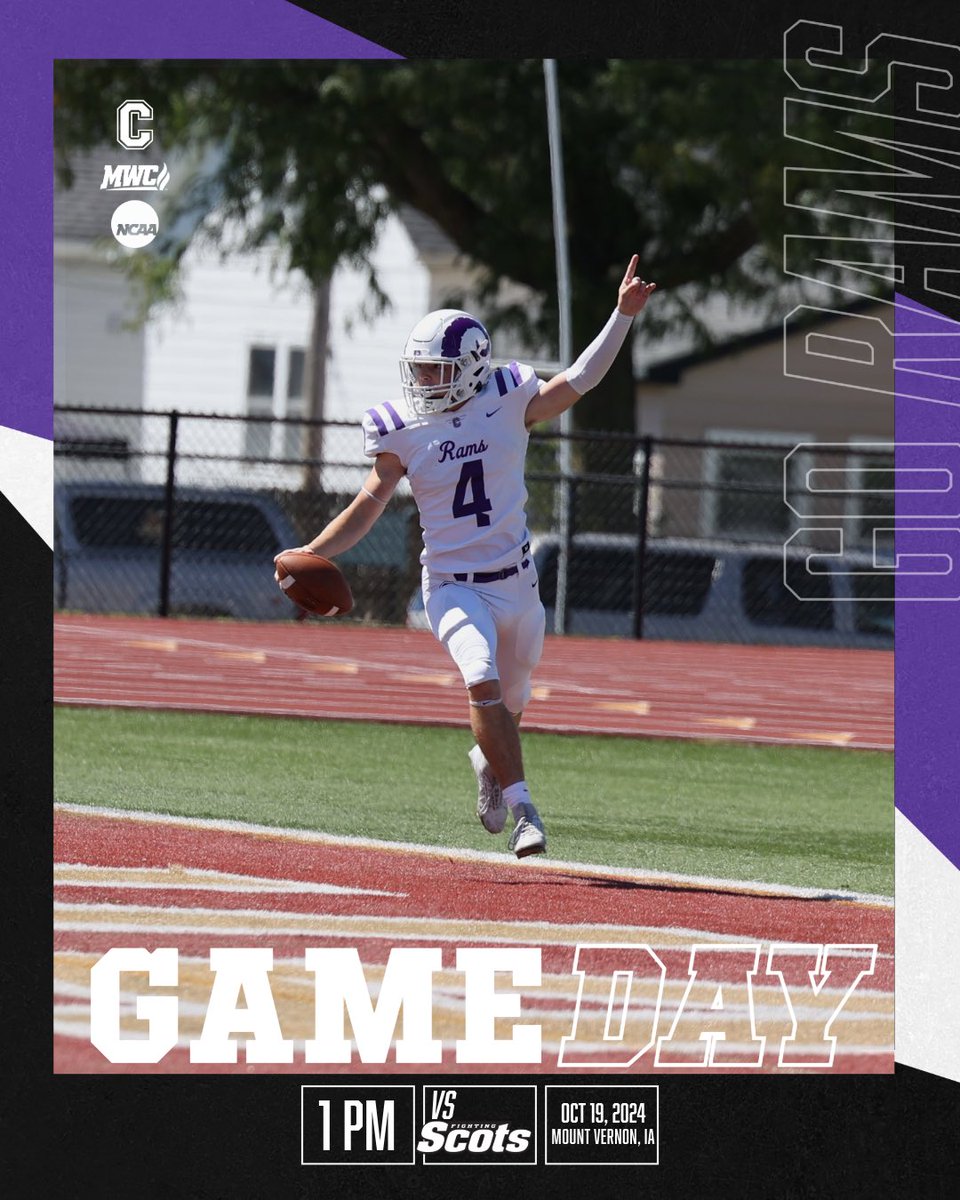 🚨GAMEDAY🚨

🗓️ Saturday, Oct 19th, 2024
📍 Van Metre Field (Mount Vernon, IA)
⏰ 1:00 PM CT
🆚 Monmouth College 

Live Stream: cornellrams.com/watch/?Live=33…