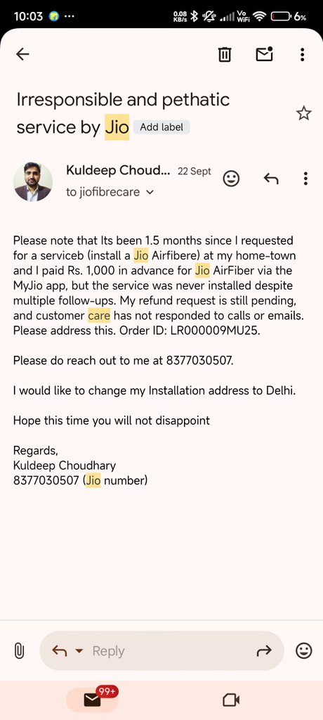 kuldeepnomad's tweet photo. @JioCare No response to emails and No response to calls. how irresponsible! See this email, which I sent 22nd  Sept. Numerous flags in Jio app, unfortunately I cannot track those flags https://t.co/nt7JB0KpC4