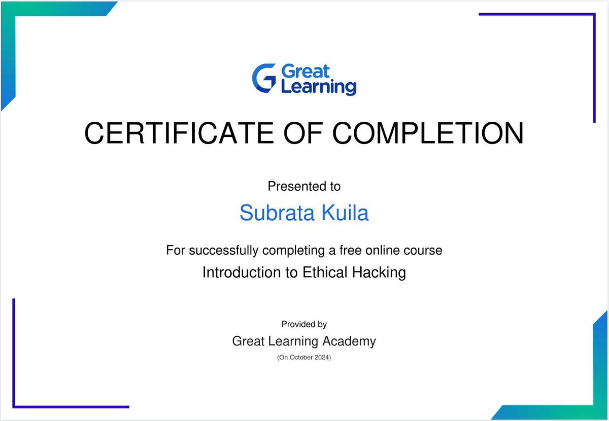subratakuila01's tweet image. Excited to share that I have successfully completed the &quot;Introduction to Ethical Hacking&quot; course completed from @Great_Learning.
certificate: mygreatlearning.com/certificate/BE…

#ethicalhacking #GreatLearningAcademy #greatlearning #glacertificate