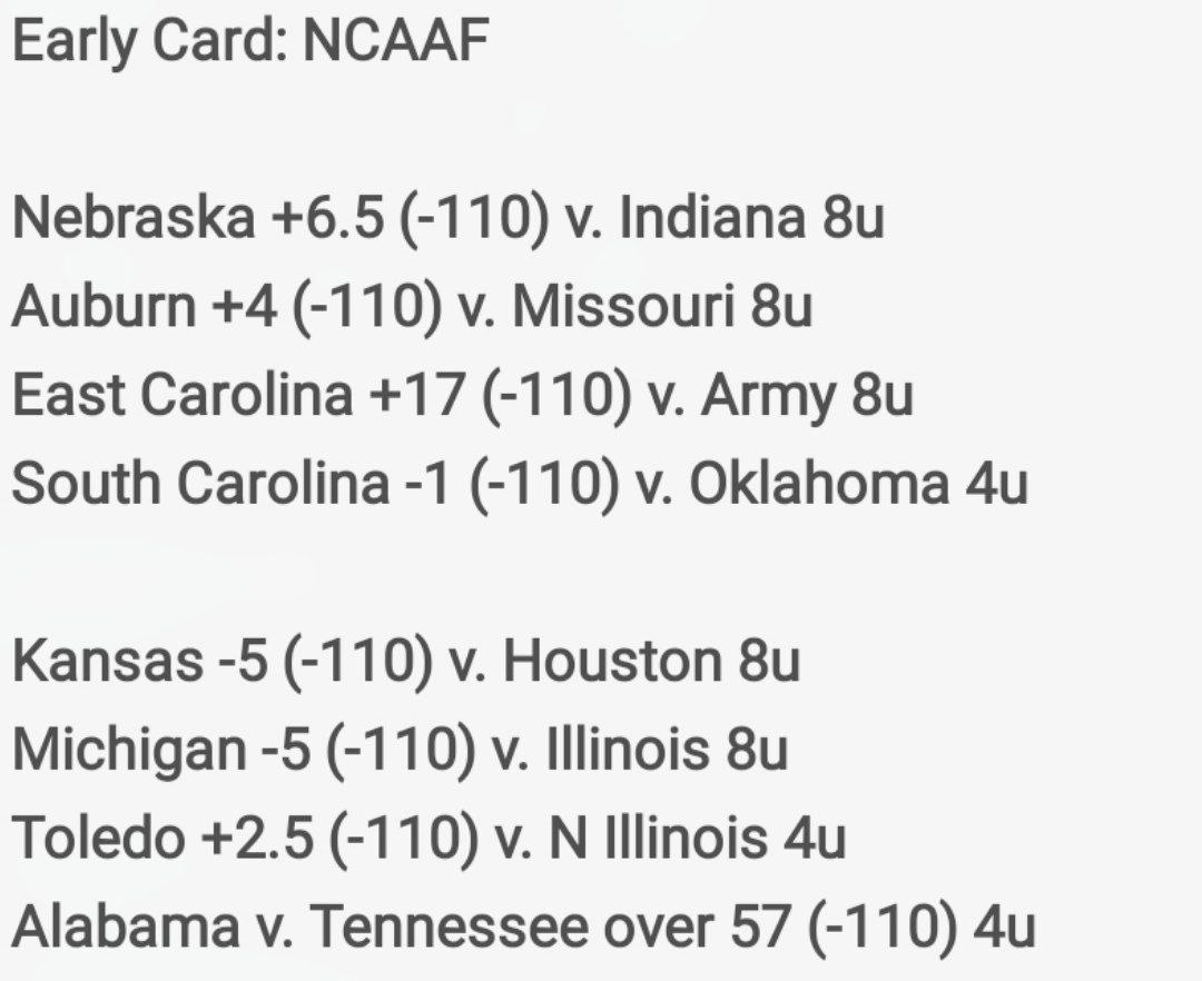 ItsCappersPicks's tweet image. #AnalyticsCapper 

Early Card: NCAAF

Nebraska +6.5 (-110) v. Indiana 8u
Auburn +4 (-110) v. Missouri 8u
East Carolina +17 (-110) v. Army 8u
South Carolina -1 (-110) v. Oklahoma 4u

Kansas -5 (-110) v. Houston 8u
Michigan -5 (-110) v. Illinois 8u
Toledo +2.5 (-110) v. N Illinois