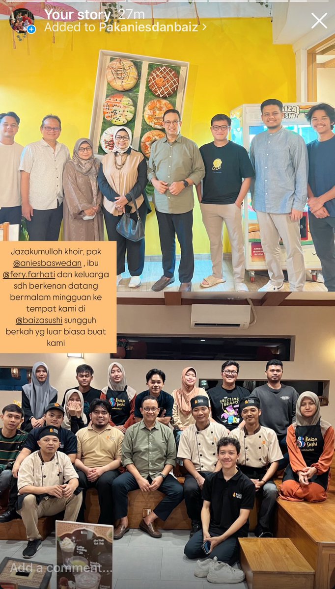 irabakri's tweet photo. Terimakasih pak @aniesbaswedan dan bu @feryfarhati sudah berkenan datang ke @baizasushi malam ini. Semoga suka ya pak! https://t.co/UD05sJpO9R