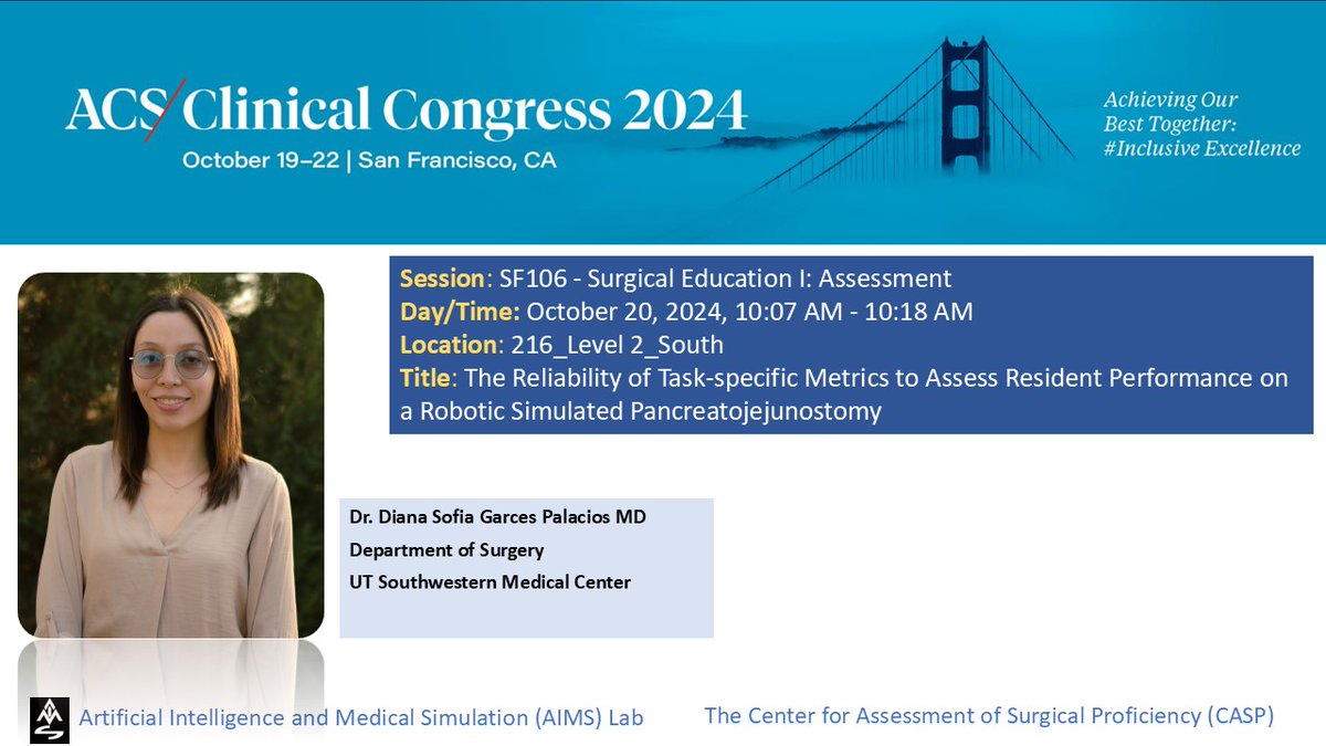 Ganesh Sankaran PhD 🇺🇸🇮🇳🇦🇷 (@sankaganesh) on Twitter photo AIMS Lab Postdoc Dr. <a href="/sofiagarcesp02/">Sofía Garcés Palacios, M.D</a> will be presenting tomorrow at the <a href="/AmCollSurgeons/">American College of Surgeons</a>
clinical congress on our work on task-specific metrics for assessment of Robotic PJ.
<a href="/AndresAbreuMD/">Andres A. Abreu</a>
<a href="/Danny_Scott__/">Danny Scott</a>
<a href="/herbert_zeh/">Herbert Zeh</a>
<a href="/PatricioPolanc0/">Patricio Polanco</a>
#SurgEd
#ACSCC24
shorturl.at/GnU6B AIMS Lab Postdoc Dr. <a href="/sofiagarcesp02/">Sofía Garcés Palacios, M.D</a> will be presenting tomorrow at the <a href="/AmCollSurgeons/">American College of Surgeons</a>
clinical congress on our work on task-specific metrics for assessment of Robotic PJ.
<a href="/AndresAbreuMD/">Andres A. Abreu</a>
<a href="/Danny_Scott__/">Danny Scott</a>
<a href="/herbert_zeh/">Herbert Zeh</a>
<a href="/PatricioPolanc0/">Patricio Polanco</a>
#SurgEd
#ACSCC24
shorturl.at/GnU6B