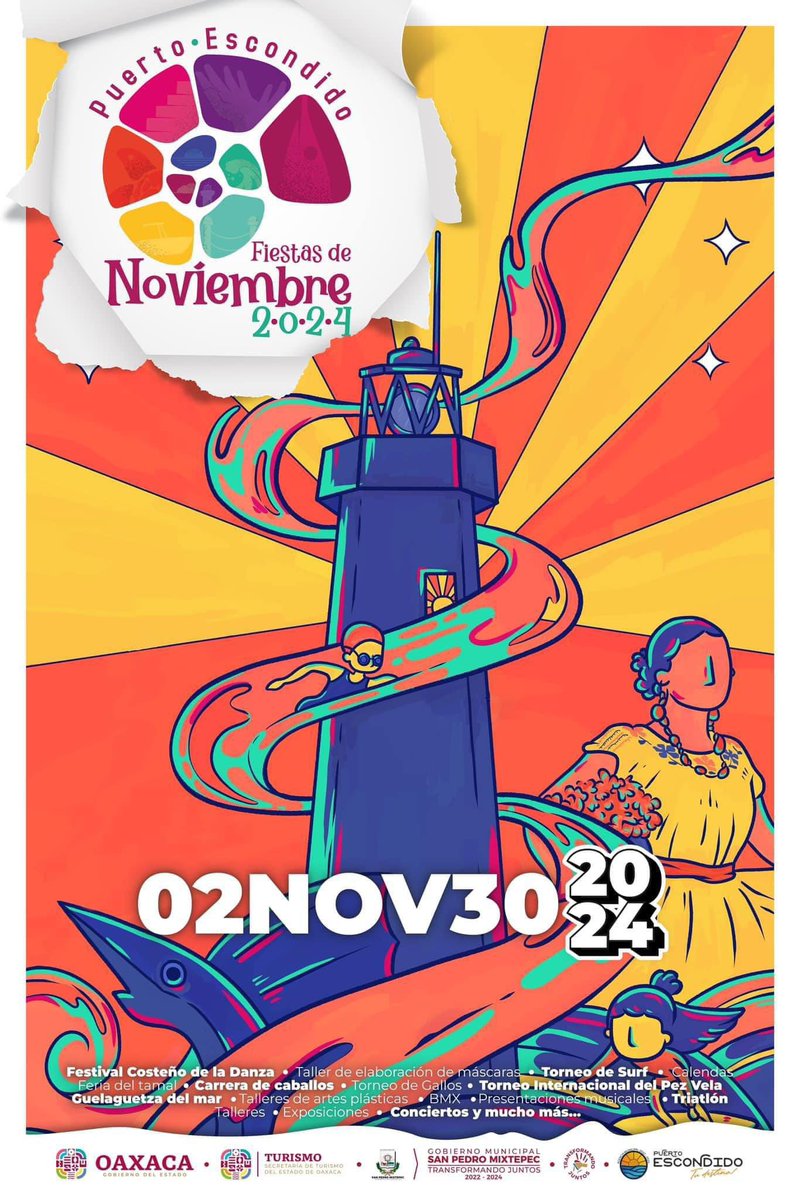 BonitoOaxaca's tweet photo. 📌 ¡Ya se anuncia! del 02 al 30 de noviembre, Puerto Escondido #Oaxaca estará de fiesta 🎺🌴 Fiestas de noviembre 2024 🌴 Festival Costeño de la Danza, Torneo de Surf, Torneo Internacional del Pez Vela, Guelaguetza del Mar, Conciertos y mucho más 🎺 👇 https://t.co/L4Wo3Tig0c