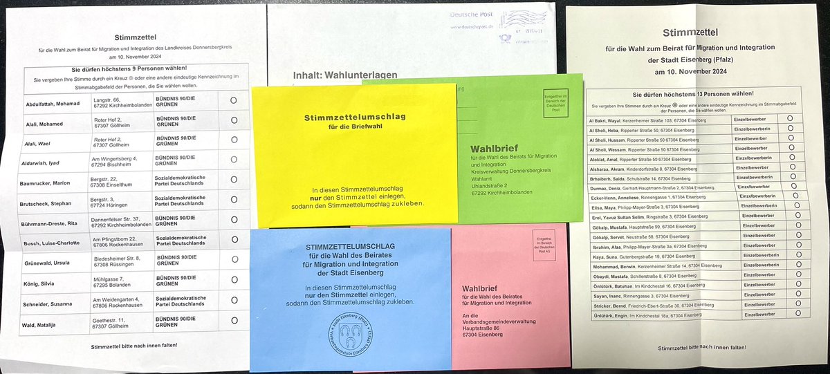 Am 10.11.2024 findet in Rheinland-Pfalz die Wahl zum #Beirat für #Migration und #Integration statt. Ich habe meine Unterlagen für die Stadt Eisenberg/Pfalz und für den Donnersbergkreis erhalten. Die Wahl wird nur als #Briefwahl durchgeführt. Ich habe gewählt!