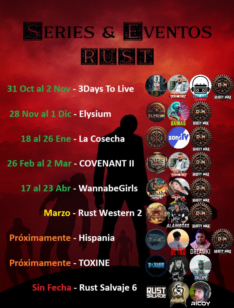 Series ACTUALIZADO

31 Oct al 2 Nov - <a href="/3daystoliveRust/">3 Days To Live 2</a>

28 Nov al 1 Dic - <a href="/ElysiumRust/">Elysium</a>

18 al 26 de Ene - <a href="/lacosecharust/">La Cosecha (Evento de Rust)</a>

26 Feb al 2 Mar - <a href="/Covenant_Rust/">COVENANT</a>

17 al 23 Abr - <a href="/WannabeRust/">WannabeGirlsRust</a>

Proximamente - <a href="/Hispania_rust/">Hispania</a>

Proximamente - <a href="/TOXiNE_Rust/">TOXiNE</a>

#Rust #twitch #KickStreaming