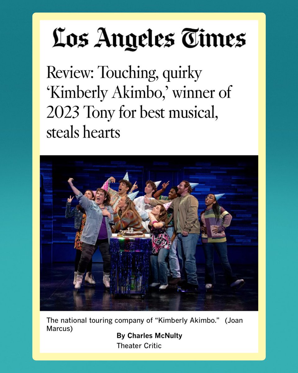 Kimberly Akimbo on Broadway (@akimbomusical) on Twitter photo “Exquisitely life-affirming, KIMBERLY AKIMBO is First Rate All Around!
Carolee Carmello is heartbreakingly wonderful in this sensationally acted production.”
Thank you, <a href="/latimes/">Los Angeles Times</a>! Visit our link below to read the full article.
latimes.com/entertainment-… “Exquisitely life-affirming, KIMBERLY AKIMBO is First Rate All Around!
Carolee Carmello is heartbreakingly wonderful in this sensationally acted production.”
Thank you, <a href="/latimes/">Los Angeles Times</a>! Visit our link below to read the full article.
latimes.com/entertainment-…